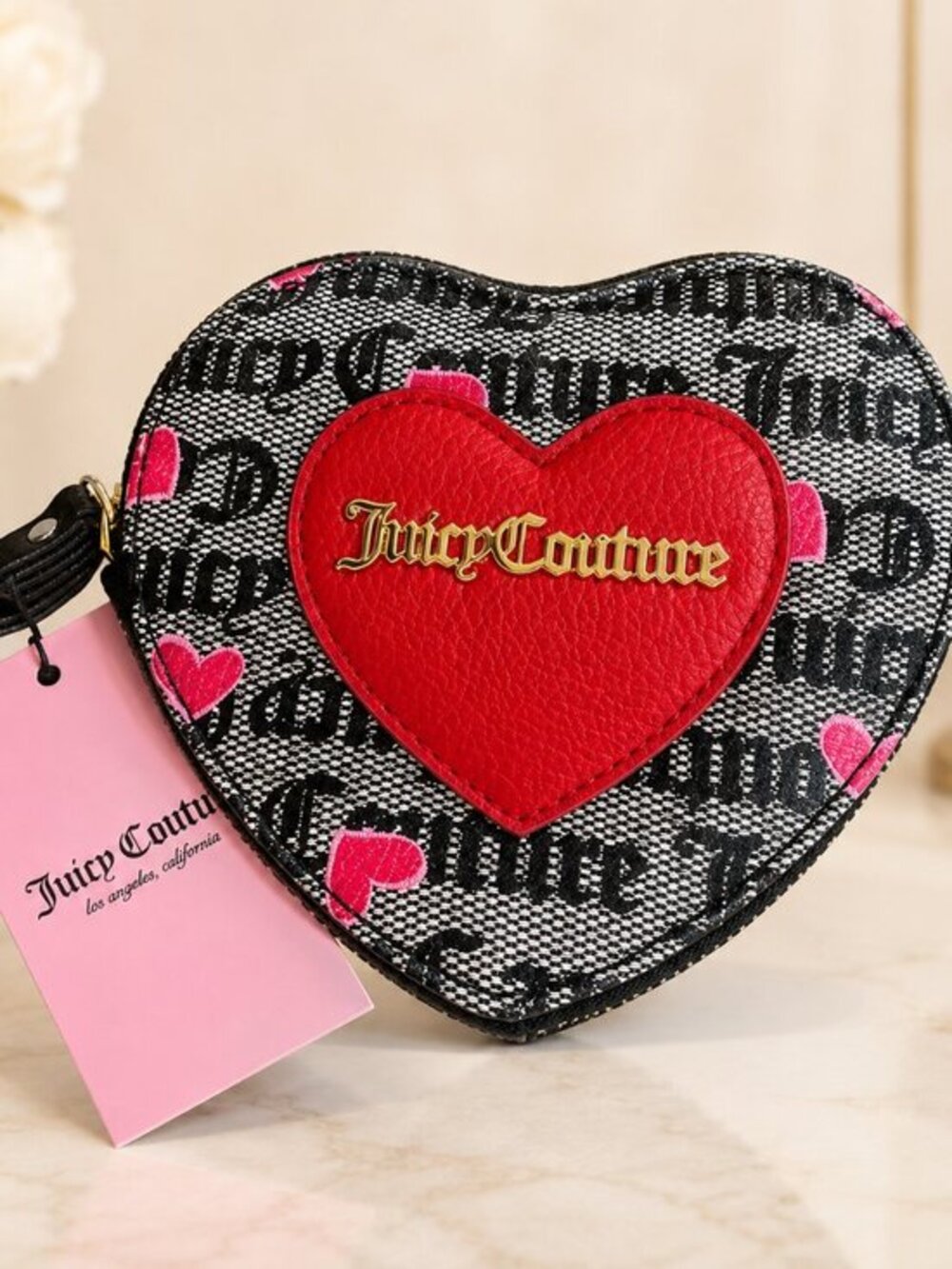 Juicy Couture Heart Wristlet Coin Purse Black Red Logo NWT